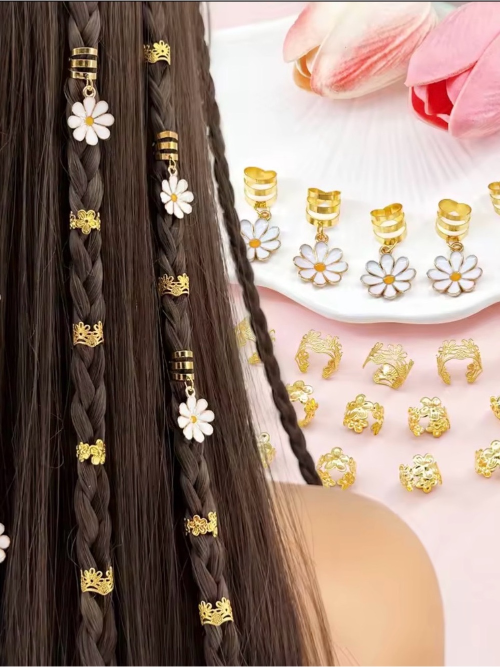 Gold Daisy Hair Beads and Clips Set - White & Gold